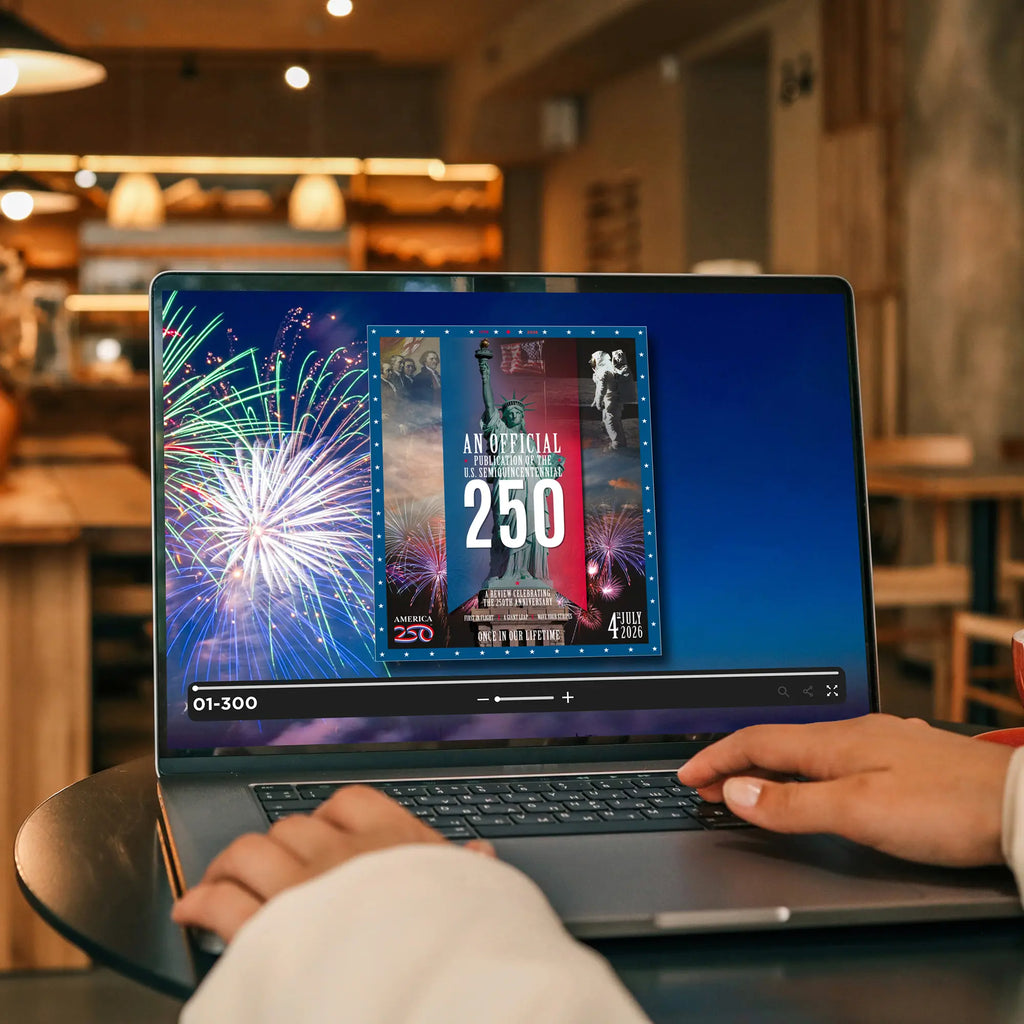 Person using a laptop with a fireworks display and event poster on the screen in a restaurant setting.