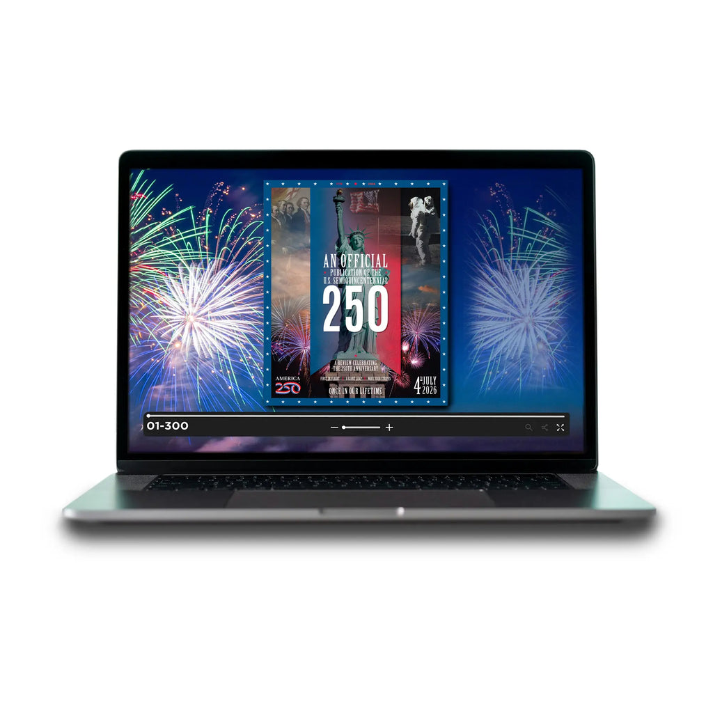 Laptop displaying an America250 book cover with fireworks and text on a white background