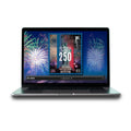 Laptop displaying an America250 book cover with fireworks and text on a white background