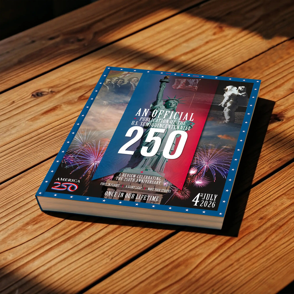 Book with an America250 anniversary design on a wooden surface