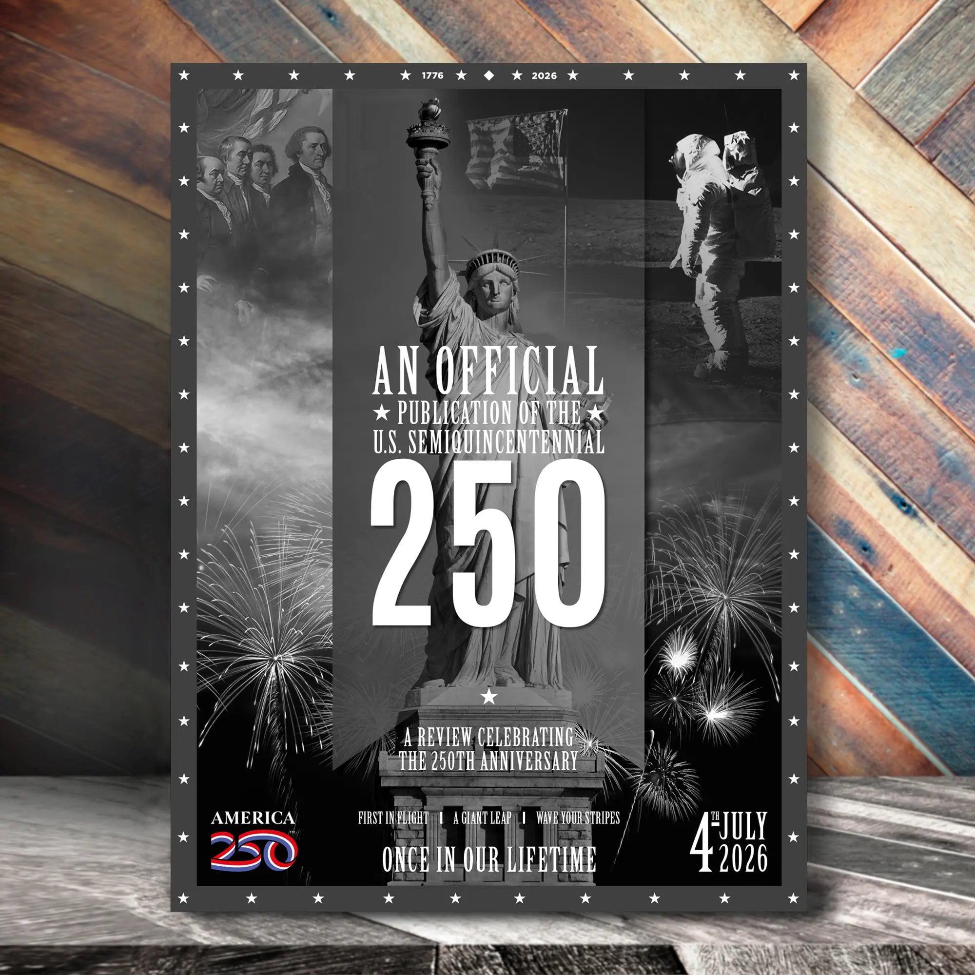 Promotional poster for U.S. Bicentennial celebration with text and images of the Statue of Liberty and astronauts.