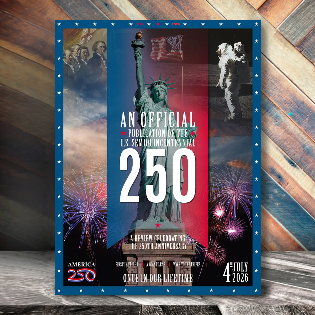 Promotional poster for U.S. Bicentennial celebration with Statue of Liberty and fireworks on a wooden background.