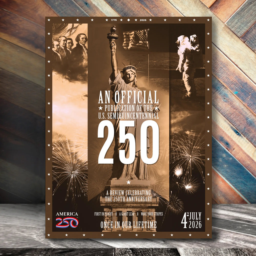 Promotional poster for U.S. Bicentennial celebration with fireworks and historical figures on a wooden background.
