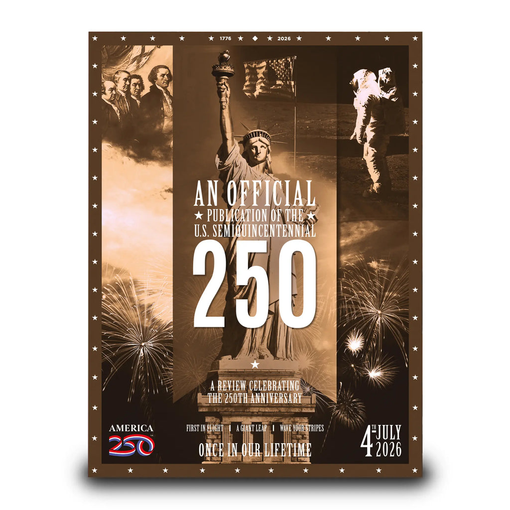 Promotional poster for U.S. Semicentennial celebration with text and images of a statue and fireworks.