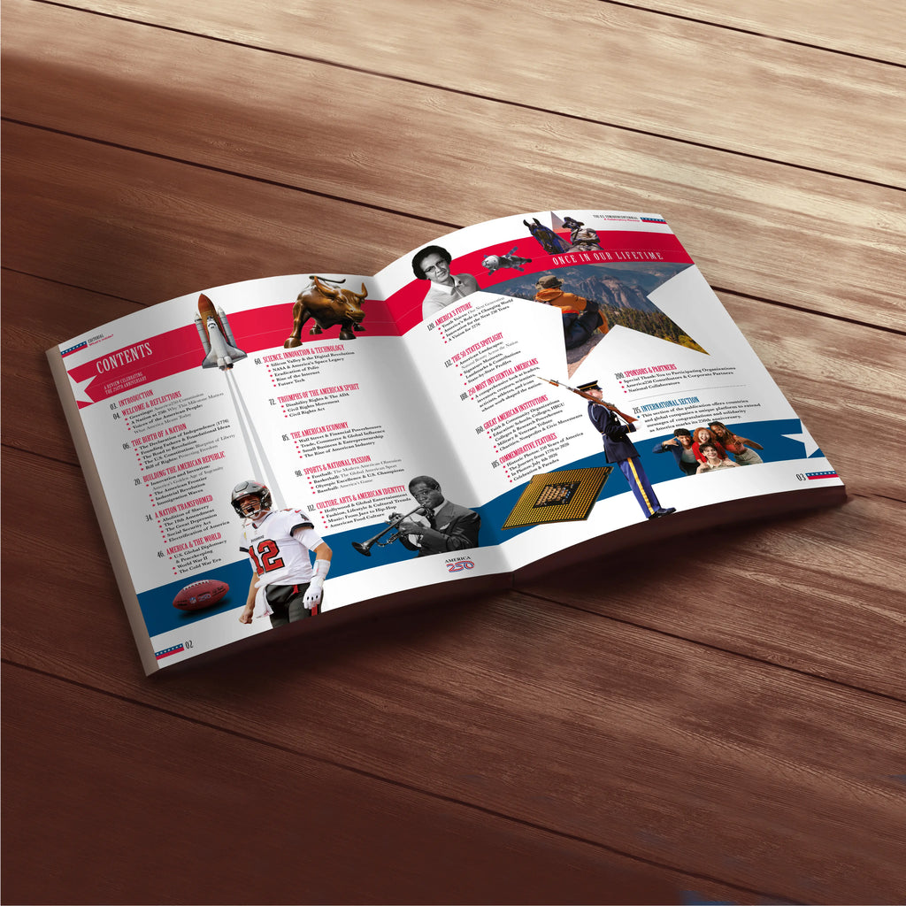 Open book with sports-themed content on a wooden surface