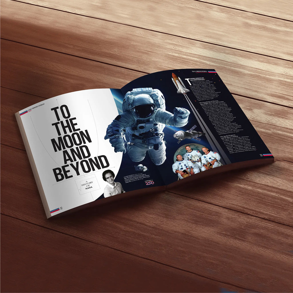 Open magazine on a wooden surface with an astronaut and space-themed cover